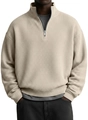 Makroaufnahme der beigen Waffelstrickstruktur und des Metall-Halbreißverschlusses am Pullover - S / Khaki