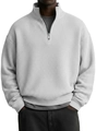 Detail shot of men's grey waffle knit quarter-zip sweatshirt with ribbed cuffs and hem - White