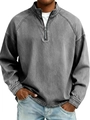 Detail of vintage washed gray half-zip sweatshirt with stand collar and raglan sleeve seams - Gray