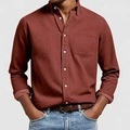 Camicia da uomo a maniche lunghe rosso ruggine con taschino in misto cotone e lino testurizzato - S / Borgogna