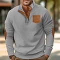 Men's light grey ribbed knit polo shirt with brown elbow patches and chest pocket - Light Gray