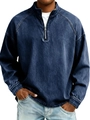 Detail of vintage washed denim sweatshirt with half-zip stand collar and raglan sleeves - S / Tops / Dark Blue