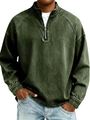 Detail of vintage army green half-zip sweatshirt with retro washed texture and stand collar - S / Tops / Dark Green