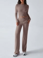 Mocha slim-fit yoga set featuring long sleeve crew neck top and high waist drawstring pants - Camel