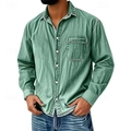 Men's vintage grey-green denim shirt with retro lapel and chest pocket, front view on model - Washed Gray Green