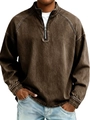 Detailed close-up of brown washed vintage men's sweatshirt with half-zip stand collar - S / Tops / Brown
