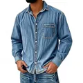 Men's retro light blue washed denim long sleeve shirt with classic lapel collar and pocket - Light Blue Washed