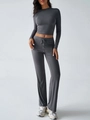 Detail of high-stretch dark grey yoga set featuring drawstring waist and ribbed texture - Dark Gray