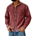 Detail of vintage acid wash texture on a men's long-sleeve casual shirt with chest pocket - Vintage Wine Red