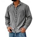 Detail of grey vintage washed long sleeve shirt with chest pocket and white buttons - Vintage Washed Gray