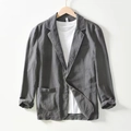 Americana casual de hombre en mezcla de algodón y lino gris oscuro con solapa de muesca - Gris oscuro