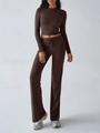 Close-up of ribbed knit texture on dark brown yoga top and high-waist drawstring pants - S / Top And Bottom / Brown