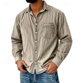 Detailed view of heavy washed vintage texture and stitching on men's retro lapel shirt - Heavy Washed Mud Brown