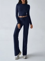 Detail view of navy blue long sleeve top and high waist drawstring wide leg pants set - Navy Blue