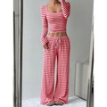 Women's chic red and white striped knit long sleeve crop top and high waist wide leg pants set - S / Red