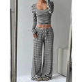 Women's chic black and white striped high waist wide leg pants set with long sleeve crop top - S / Black