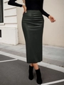 Gedetailleerd zicht van de elegante kunstleren rok met hoge taille en geplooid ontwerp - S / Leigrijs