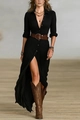 Zwarte maxi-jurk met V-hals, retro riem en zijsplit in elegante Franse vintage stijl - XS / Zwart