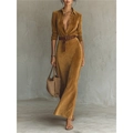 Mustard yellow long sleeve faux suede shirt dress with belt and button closure - S / Brown