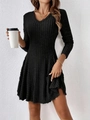 Detailed close-up of the V-neck design and rib-knit texture on the black long sleeve dress - S / Black