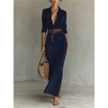 Navy blue faux suede long-sleeve dress with a brown belt and V-neckline detail - S / Navy Blue