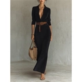 Elegant black long-sleeved midi shirt dress in soft suede with a brown leather waist belt - S / Black