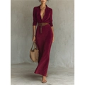Elegant wine red long suede shirt dress for women with brown waist belt and V-neckline - S / Burgundy