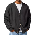 Men's V-neck waffle knit cardigan sweater in black with brown buttons and a relaxed fit - Black