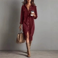 Deep red corduroy long sleeve shirt dress with collar and front pockets for women - S / Dresses / Burgundy