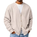 Men's waffle knit cardigan sweater with V-neck and button closure in beige - Khaki