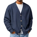 Close-up of deep blue waffle knit cardigan featuring wood-textured buttons and V-neck - Navy Blue