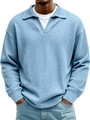 Hellblauer Waffelstrick-Polo-Pullover für Herren mit strukturiertem Reverskragen-Design - S / Himmelblau
