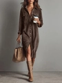 Relaxed brown corduroy long sleeve shirt dress with button-down front and flap pockets - S / Dresses / Coffee