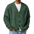 Detailed macro view of dark green waffle knit cardigan texture and beige contrast buttons - Army Green
