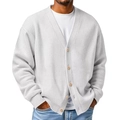 Light gray waffle knit cardigan for men with V-neck and wooden buttons in a loose fit - White