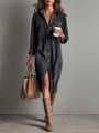 Vestido camisero largo de pana gris oscuro con bolsillos en el pecho y botones frontales - S / Vestidos / Gris oscuro