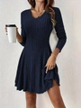 Close-up of navy blue V-neck knitted dress with ribbed texture and long sleeves - S / Navy Blue