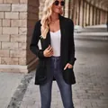 Women's black ribbed knit open front cardigan with long sleeves and side pockets - Black