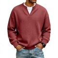 Men's waffle knit long sleeve polo shirt in deep red with v-notch neck and relaxed fit - S / Tops / Burgundy