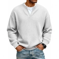 Men's light grey waffle knit long sleeve top with stylish V-neck and ribbed cuffs - White