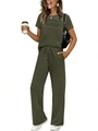 Detail of dark green two-piece set featuring pleated short sleeve top and wide leg pants - Army Green