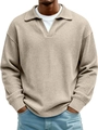 Beigefarbener Herren-Strickpullover mit Waffelstruktur, Polokragen und Rippbündchen für Herbst - S / Khaki