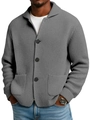 Close-up detail of grey waffle knit cardigan featuring large black buttons and textured fabric - S / Gray
