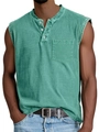 Detail of men's washed green cotton Henley tank top with three buttons and chest pocket - Verdant