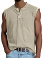 Detail of washed khaki Henley vest showing textured fabric and three-button neckline - S / Tops / Khaki