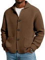 Detail of waffle knit texture and black buttons on a brown men's cardigan jacket - S / Coffee