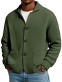 Close-up of deep olive green waffle knit texture and black buttons on men's cardigan - S / Army Green