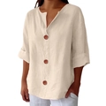 Detail van katoen-linnen blouse met V-hals, vintage knopen en opgerolde mouwen - Broken Wit