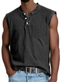 Detail view of washed dark grey sleeveless Henley shirt with buttons and chest pocket - S / Tops / Black