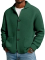 Detailed view of dark green waffle knit cardigan with lapel collar and black buttons - S / Green
